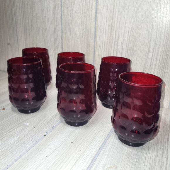 Vtg 70s Red Bubble Glasses Retro Barware Groovy Juice Tumblers Set Of 6 Gothic - Picture 1 of 8